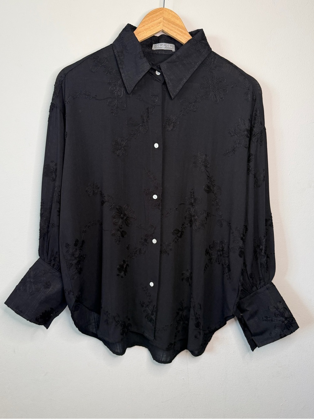 Black Floral Jacquard Button-Up Blouse